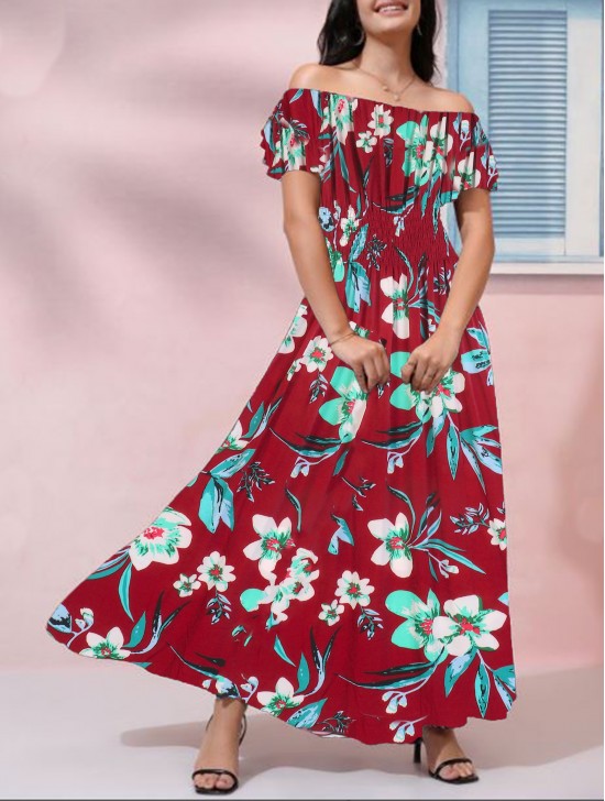 Off-The-Shoulder Floral Print Midi Dress